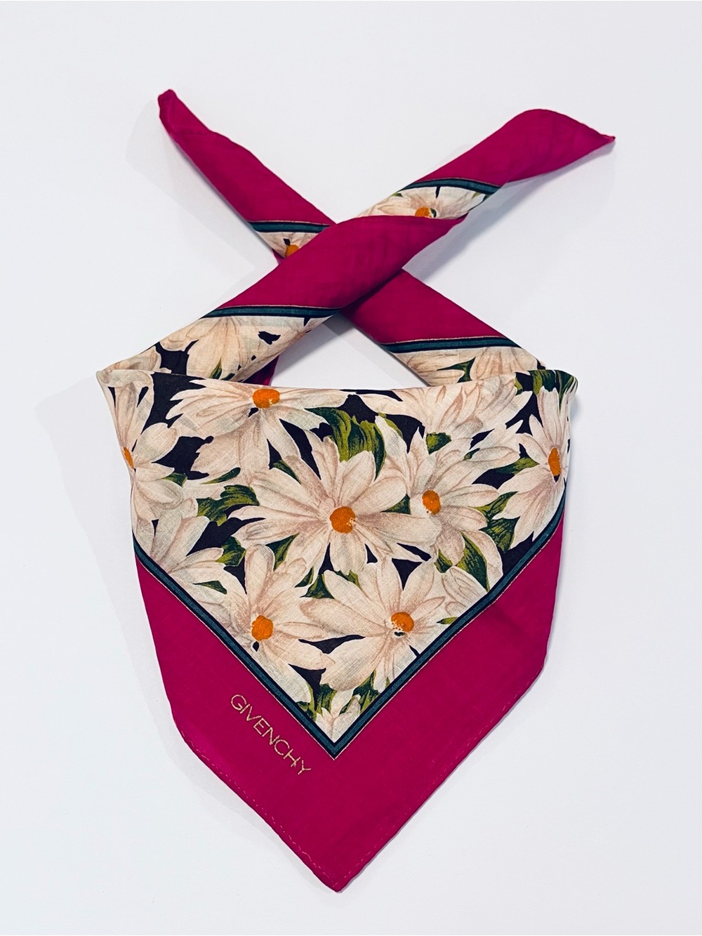 Givenchy Pink Floral cotton Scarf with Cream Daisies 18.5”